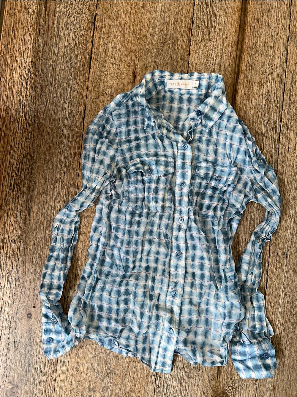 Tory Burch Blue Tie-Dye Silk Button-Down Blouse